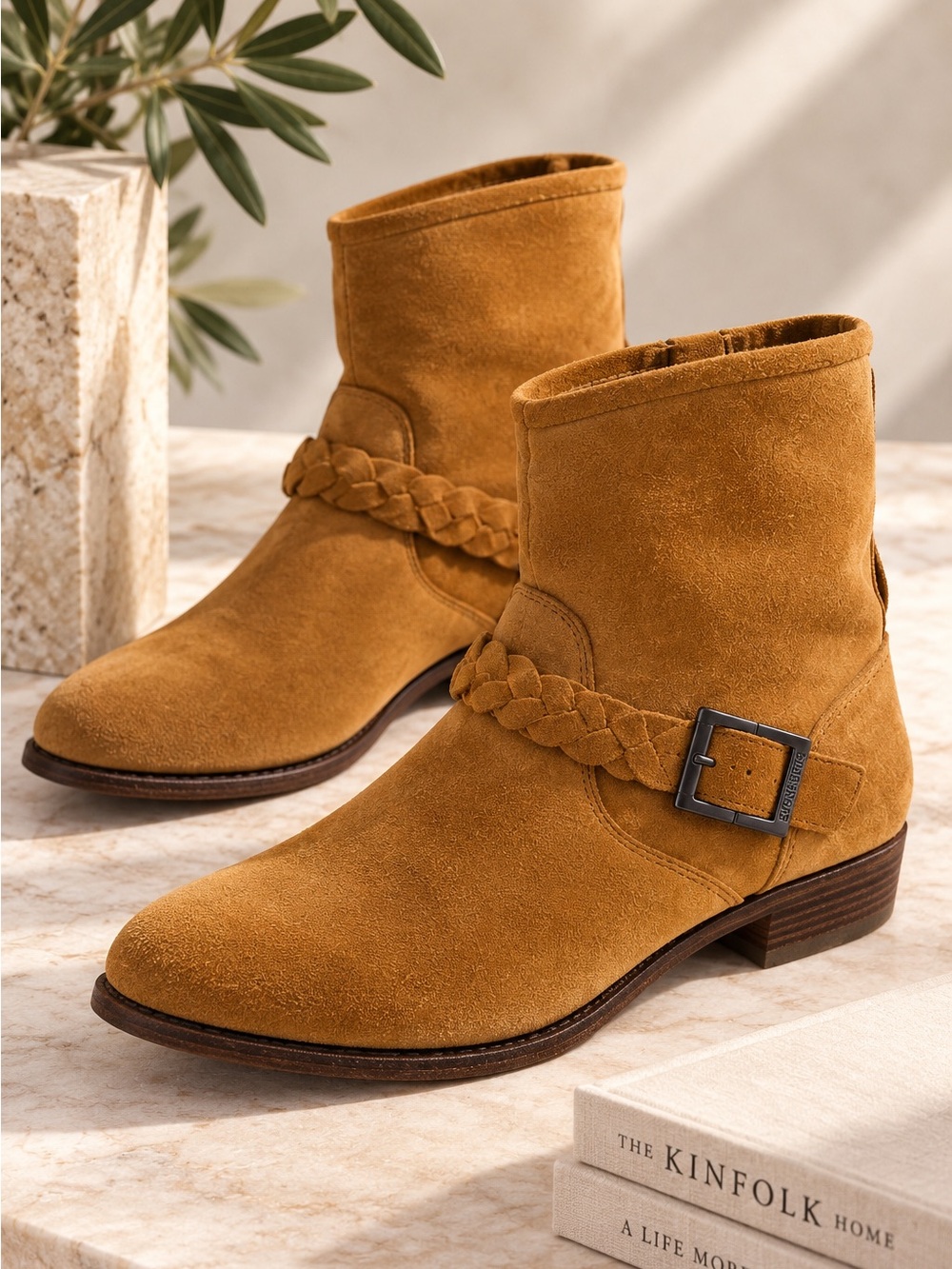EUC Blackstone Tan Cognac Suede Moto Boots Braided Buckle EU 41